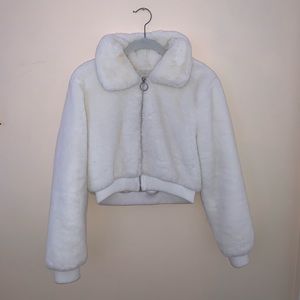 Meshki faux fur white zip up jacket